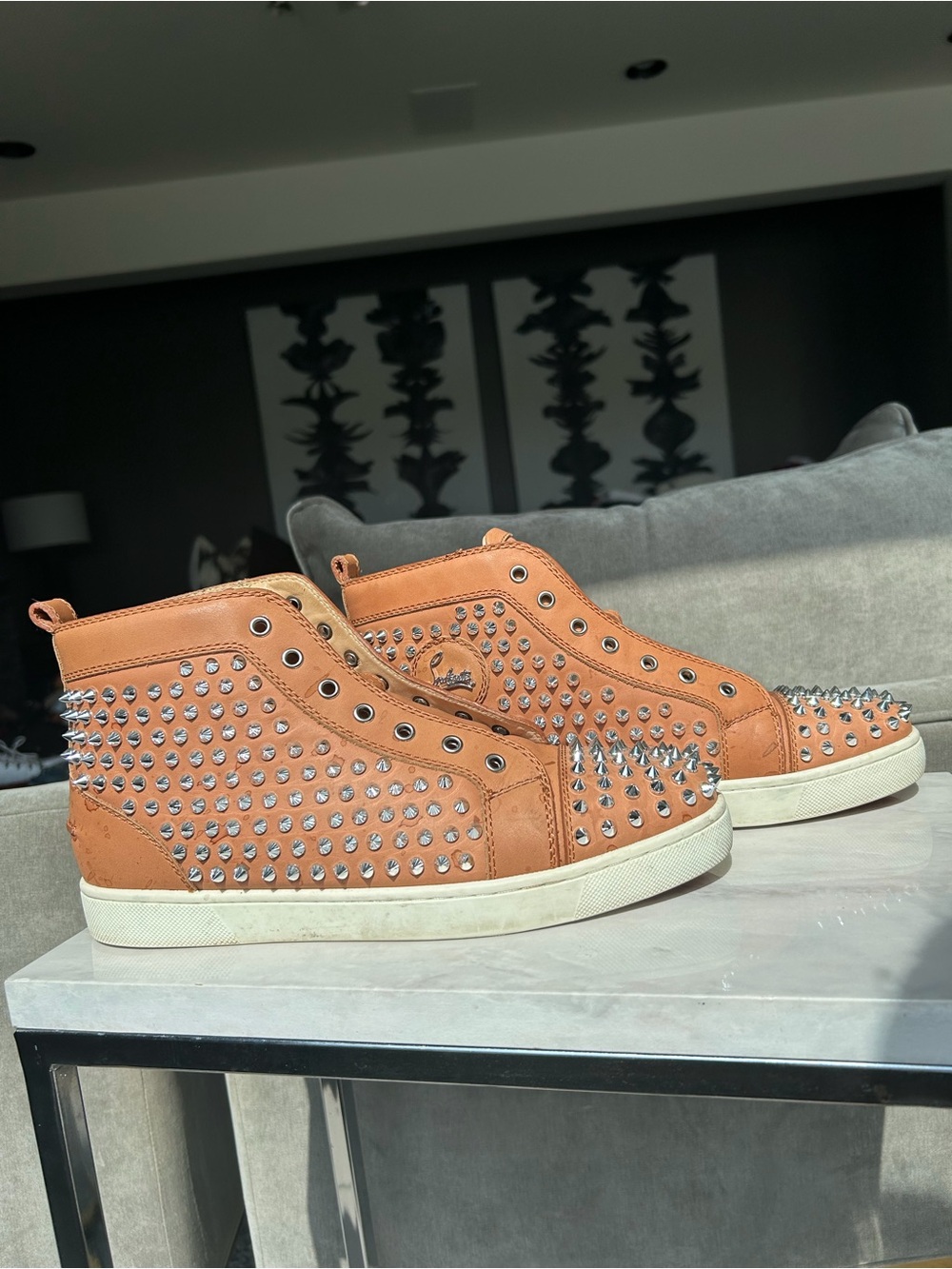 Christian Louboutin Tan Studded High-Top Sneakers